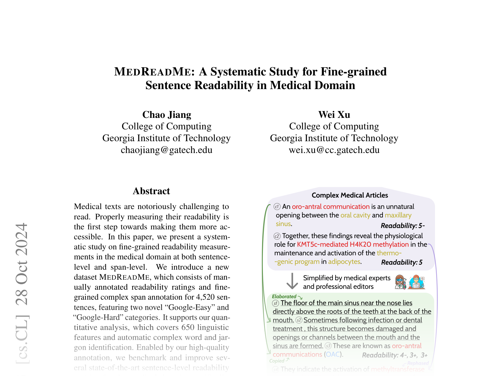 [MEDREADME: A Systematic Study for Fine-grained Sentence Readability in Medical Domain 🔗](https://arxiv.org/abs/2405.02144)