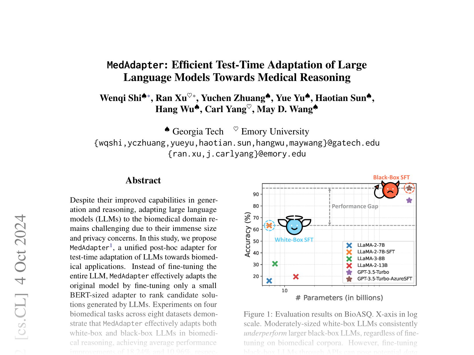 [MedAdapter: Efficient Test-Time Adaptation of Large Language Models Towards Medical Reasoning 🔗](https://arxiv.org/abs/2405.03000)