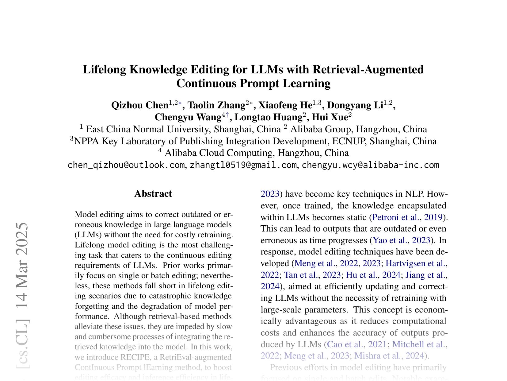 [Lifelong Knowledge Editing for LLMs with Retrieval-Augmented Continuous Prompt Learning 🔗](https://arxiv.org/abs/2405.03279)