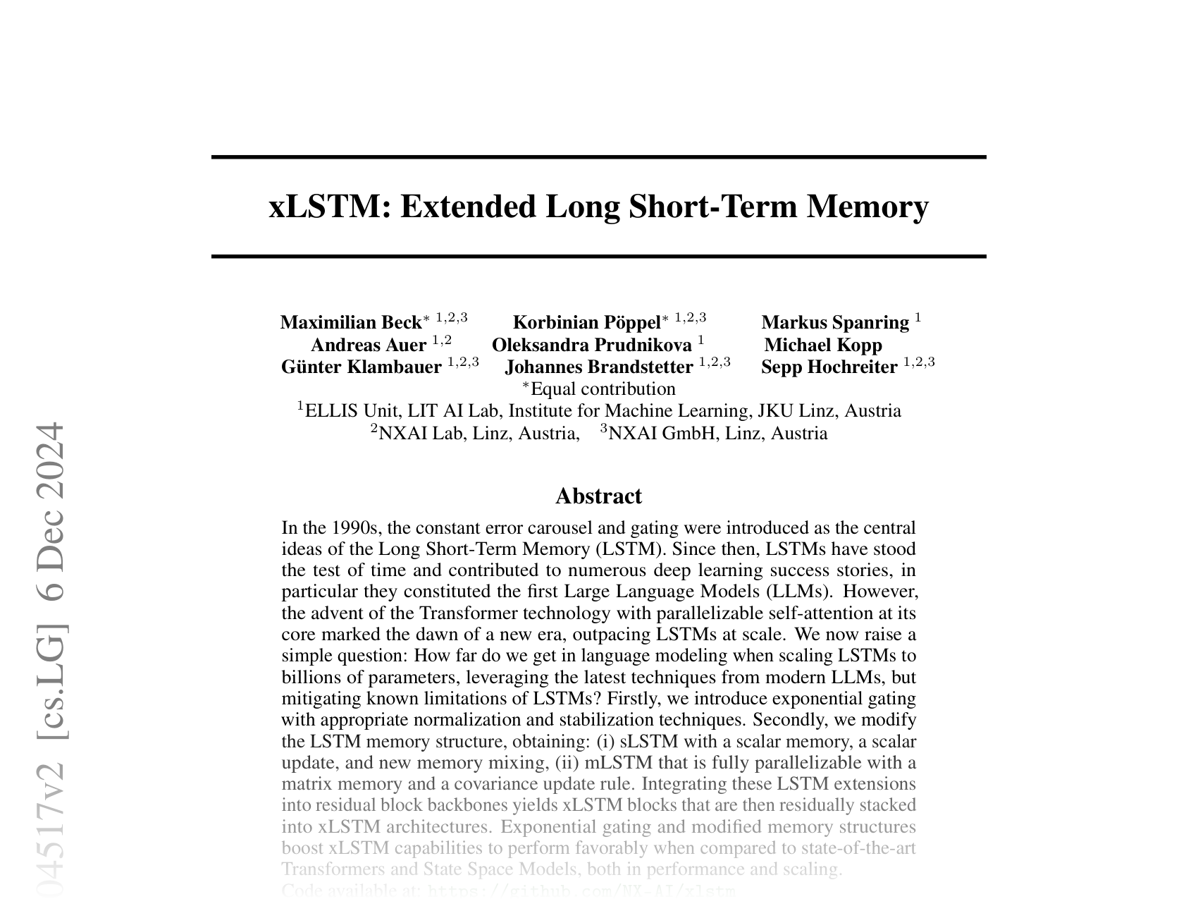 [xLSTM: Extended Long Short-Term Memory 🔗](https://arxiv.org/abs/2405.04517)