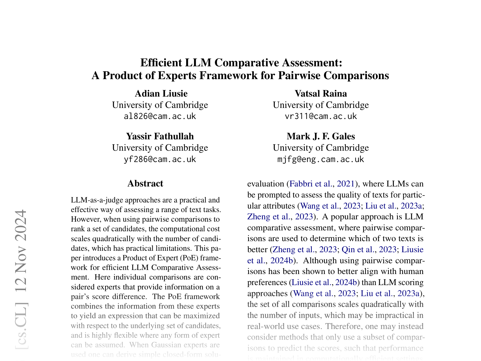 [Efficient LLM Comparative Assessment: A Product of Experts Framework for Pairwise Comparisons 🔗](https://arxiv.org/abs/2405.05894)