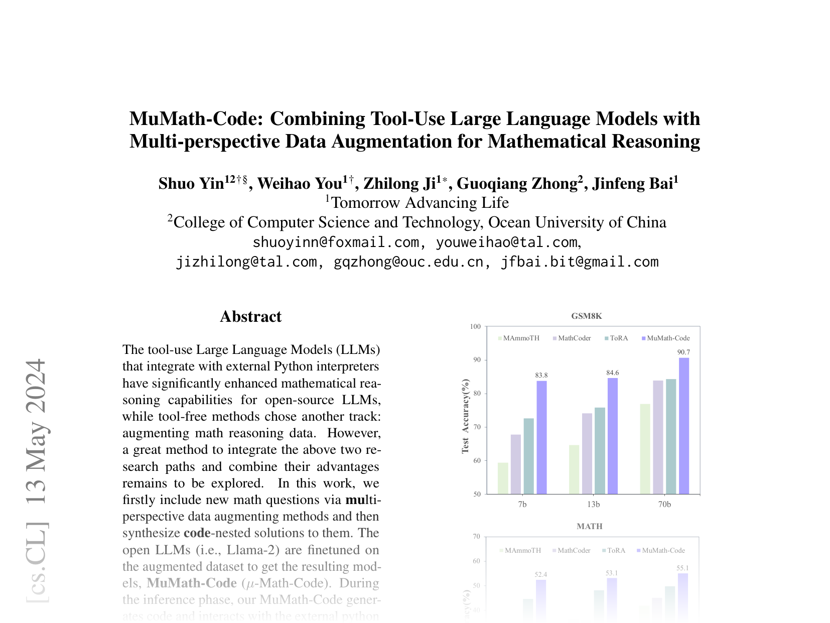 [MuMath-Code: Combining Tool-Use Large Language Models with Multi-perspective Data Augmentation for Mathematical Reasoning 🔗](https://arxiv.org/abs/2405.07551)