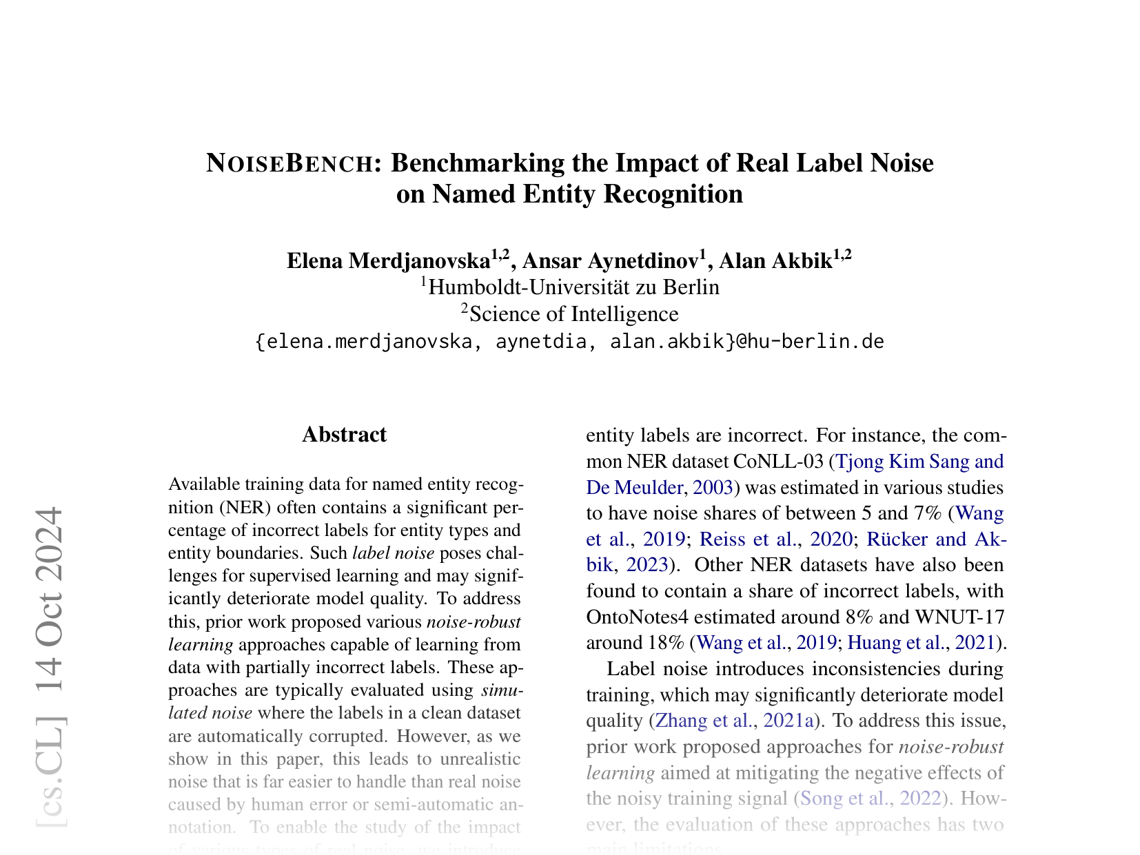 [NOISEBENCH: Benchmarking the Impact of Real Label Noise on Named Entity Recognition 🔗](https://arxiv.org/abs/2405.07609)