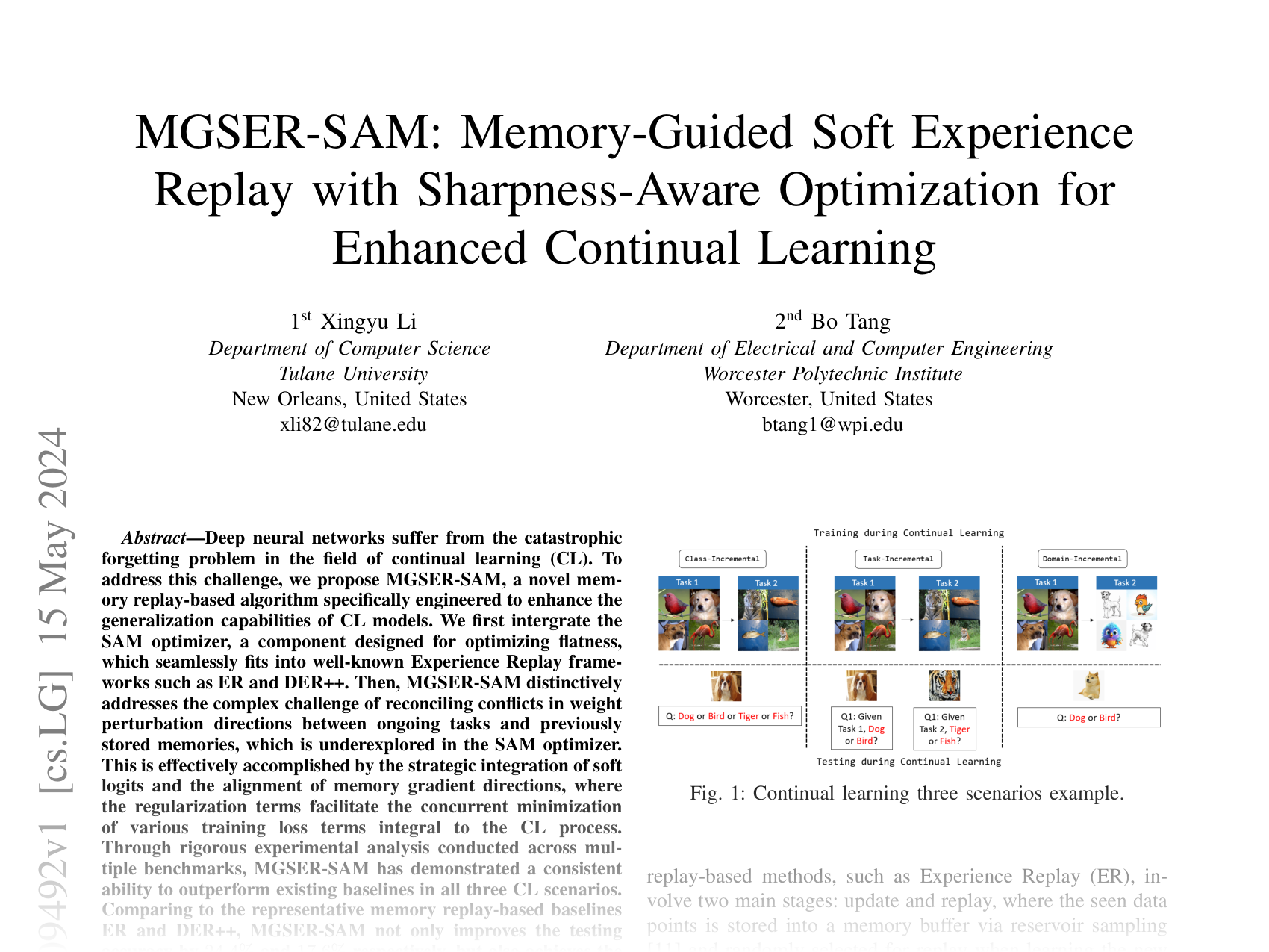 [MGSER-SAM: Memory-Guided Soft Experience Replay with Sharpness-Aware Optimization for Enhanced Continual Learning 🔗](https://arxiv.org/abs/2405.09492)