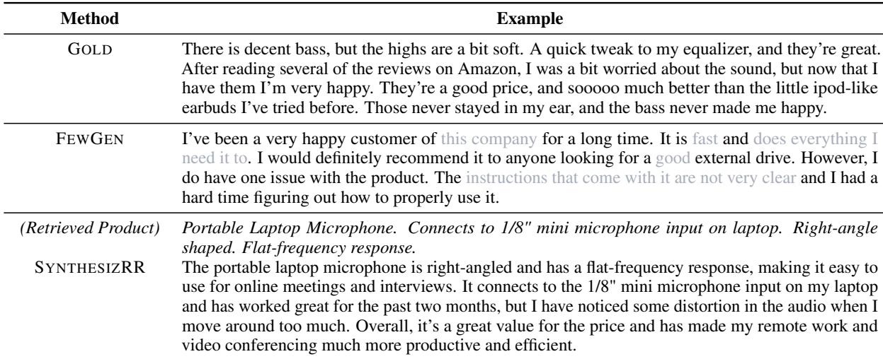 Table 3: Real and synthetic examples from“electronics”classof CATEGoRY. Grey text indicates lack of specifics