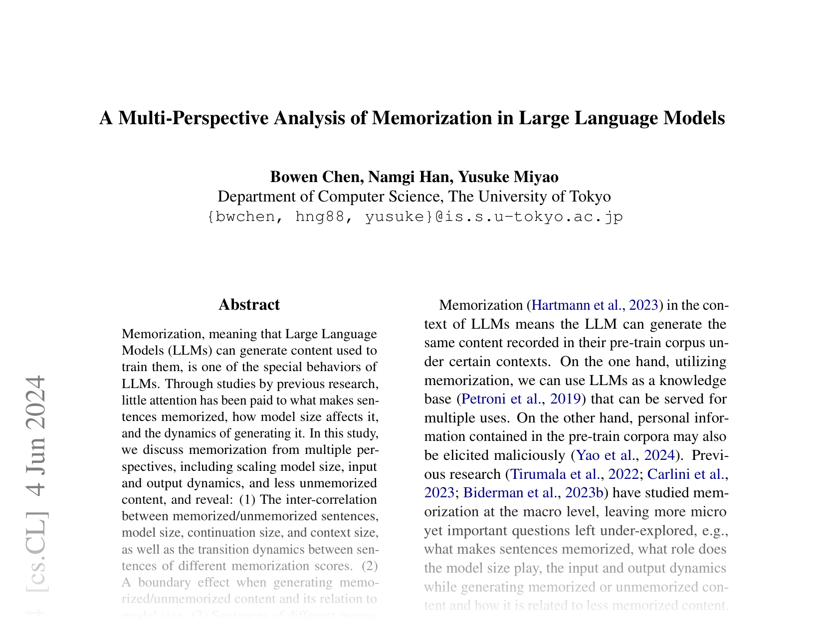 [A Multi-Perspective Analysis of Memorization in Large Language Models 🔗](https://arxiv.org/abs/2405.11577)