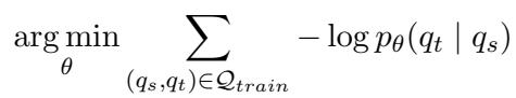 展示损失函数的公式,最小化给定源问题时生成目标问题的负对数似然。