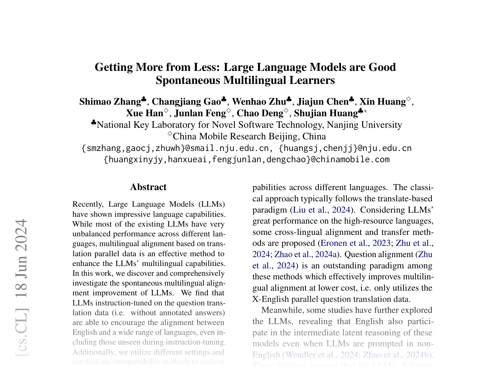 [Getting More from Less: Large Language Models are Good Spontaneous Multilingual Learners 🔗](https://arxiv.org/abs/2405.13816)