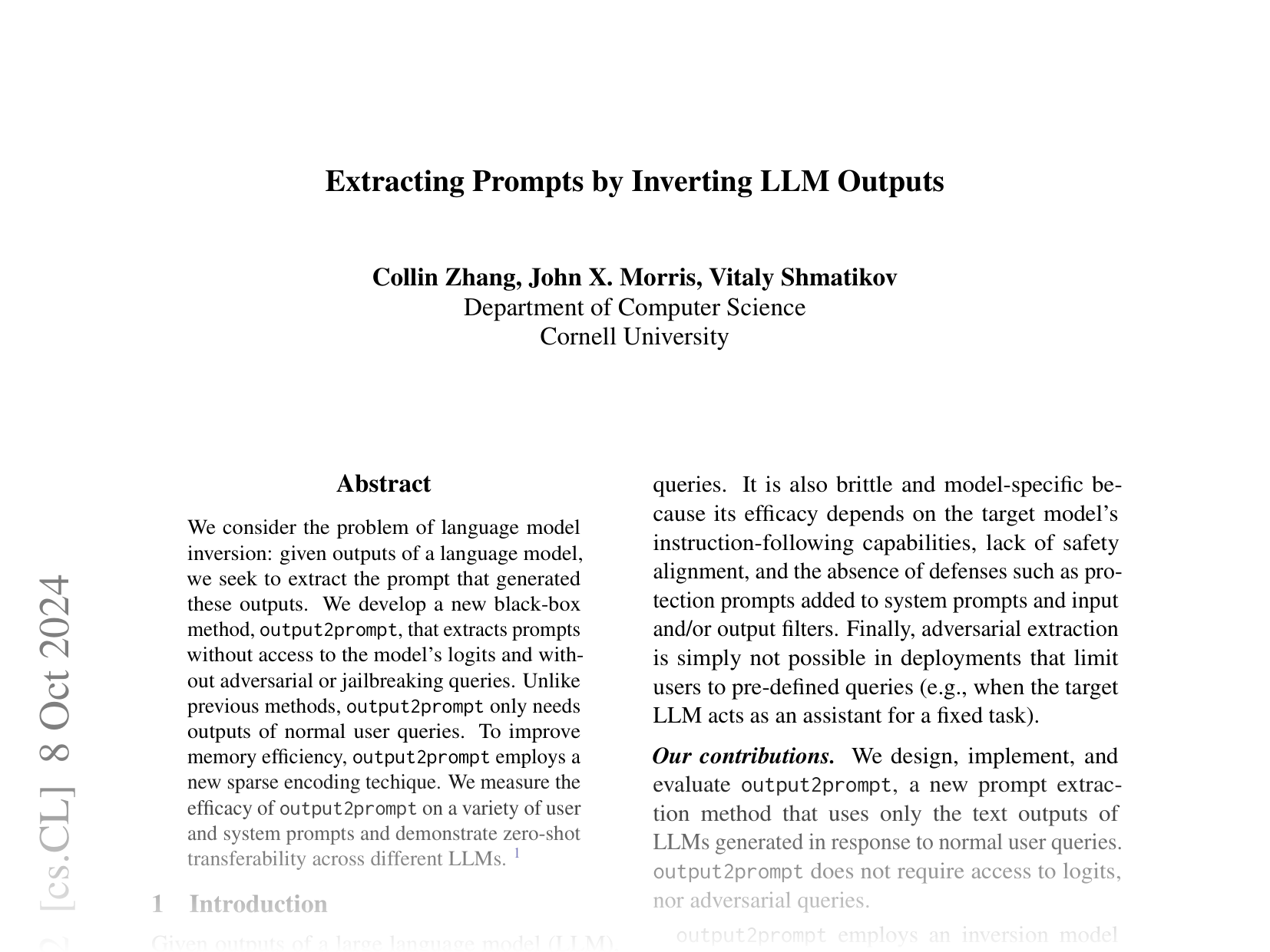 [Extracting Prompts by Inverting LLM Outputs 🔗](https://arxiv.org/abs/2405.15012)