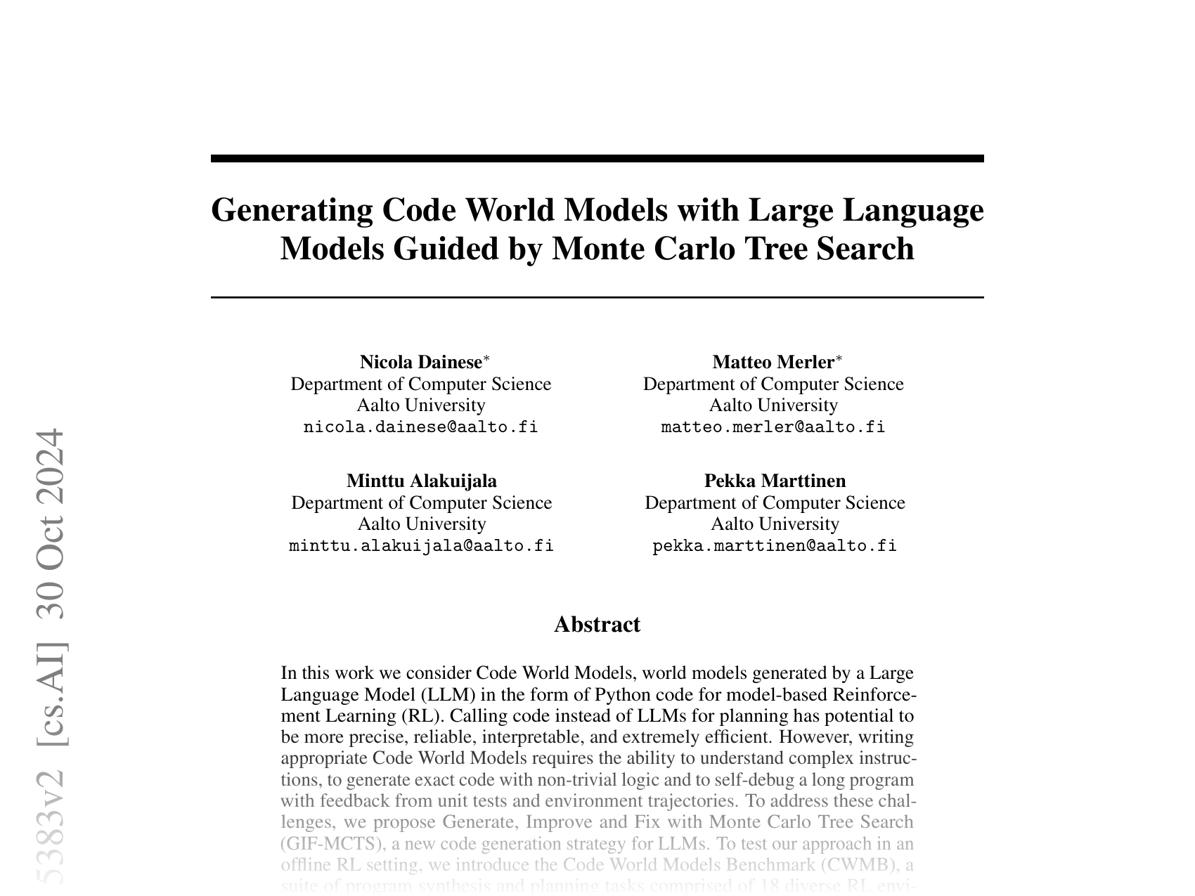 [Generating Code World Models with Large Language Models Guided by Monte Carlo Tree Search 🔗](https://arxiv.org/abs/2405.15383)