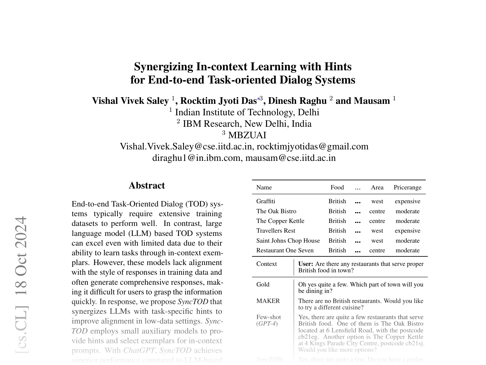 [Synergizing In-context Learning with Hints for End-to-end Task-oriented Dialog Systems 🔗](https://arxiv.org/abs/2405.15585)