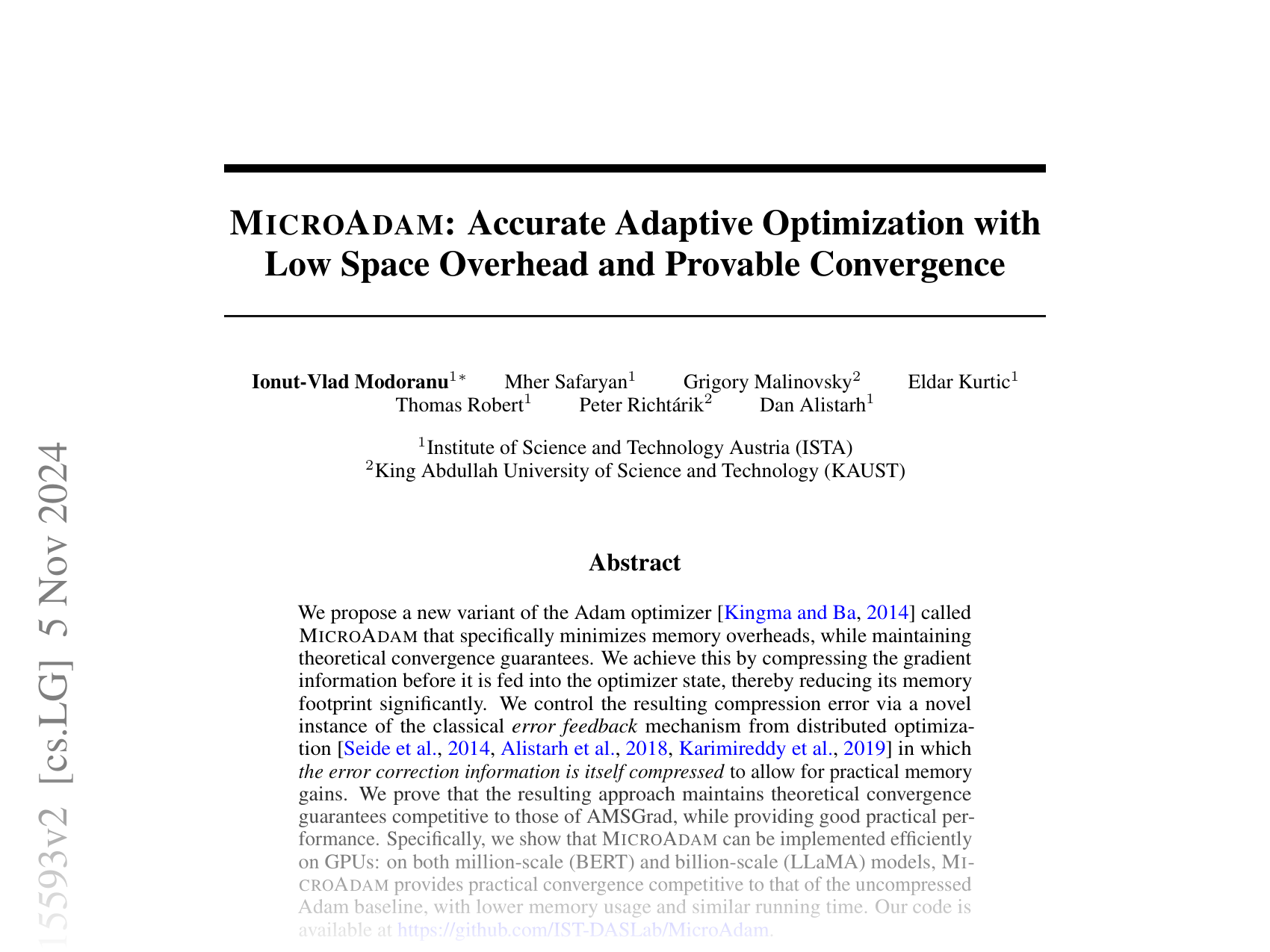[MICROADAM: Accurate Adaptive Optimization with Low Space Overhead and Provable Convergence 🔗](https://arxiv.org/abs/2405.15593)