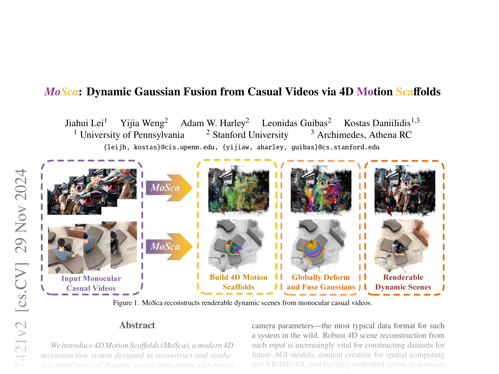 [MoSca: Dynamic Gaussian Fusion from Casual Videos via 4D Motion Scaffolds 🔗](https://arxiv.org/abs/2405.17421)