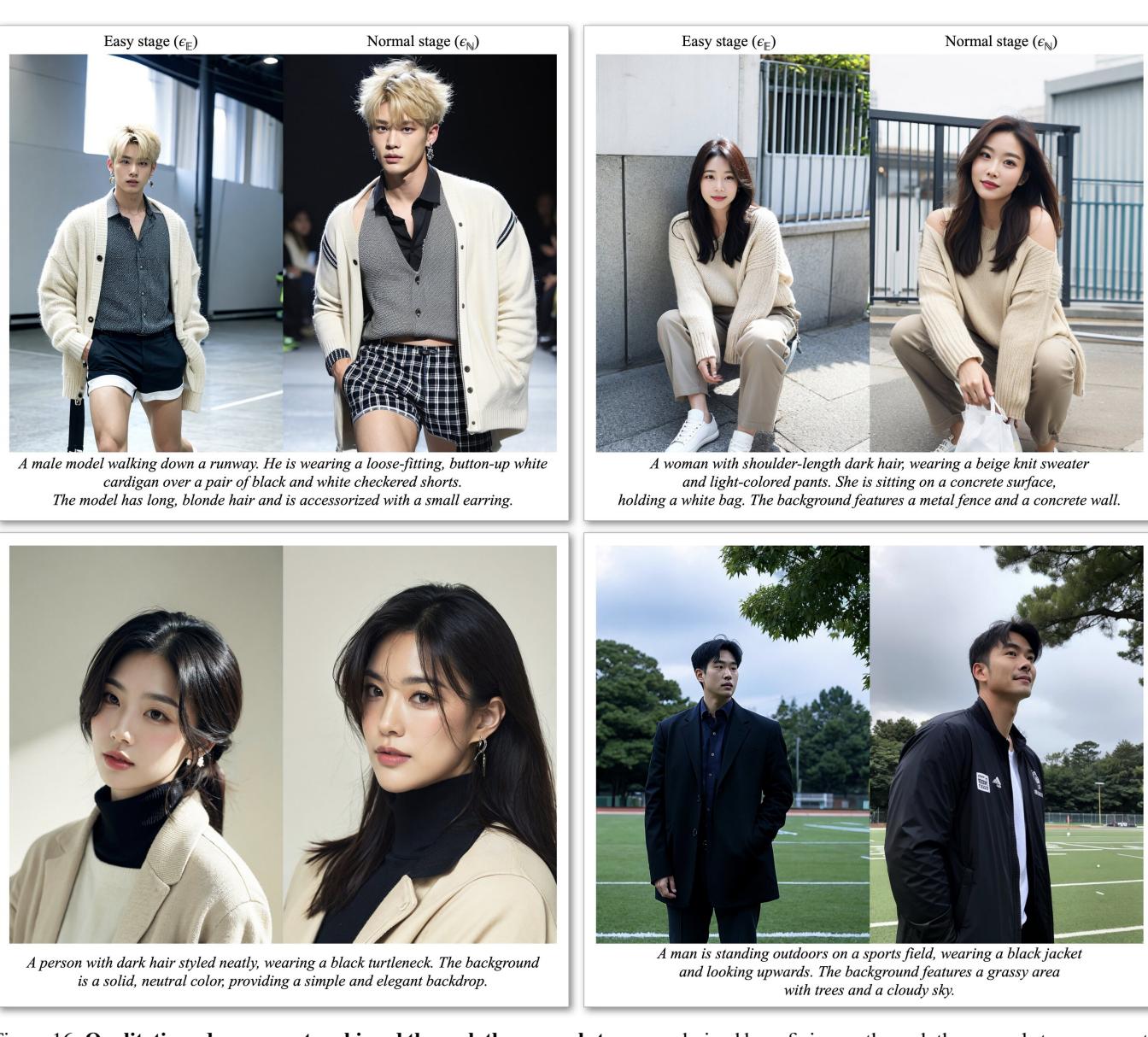 Figure 16: Improvements from Easy to Normal stage. The Normal stage (right) produces more natural lighting and less &ldquo;stiff&rdquo; poses.