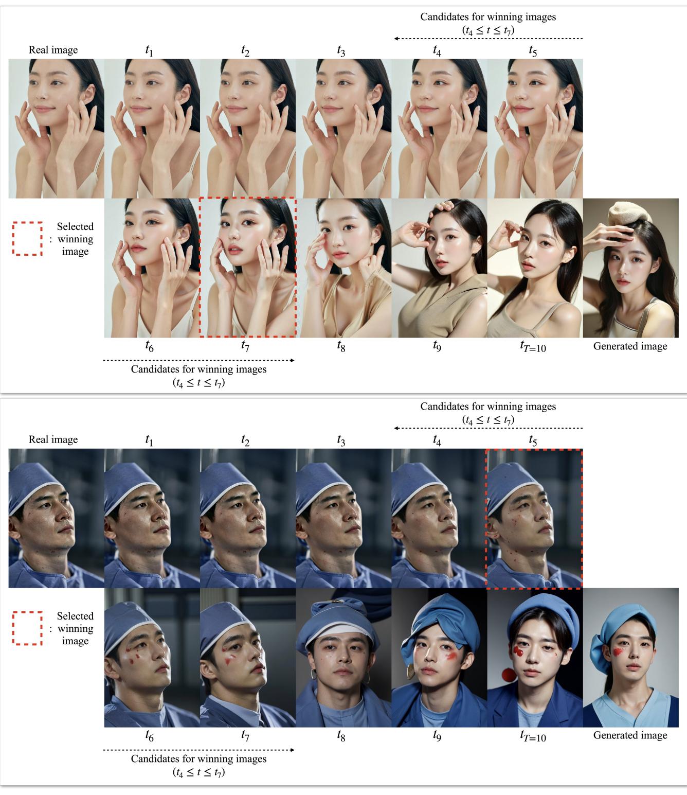 Figure 17: Visualization of intermediate domains. Images range from \\(t_1\\) (close to real) to \\(t_T\\) (close to generated).