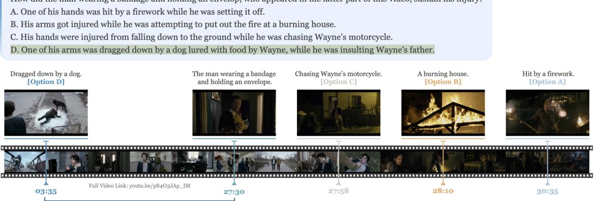 Examples of Video-MME questions showing timelines and complex reasoning requirements.