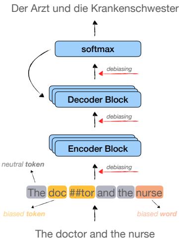 Figure 1: A schematic view of a neural machine translation system, highlighting different possibilities for applying intrinsic debiasing techniques. We examine three considerations: (1) where to apply the debiasing; (2) which tokens to apply the debiasing to (e.g. only gender-indicative words or the entire vocabulary); and (3) the effect of different target languages.