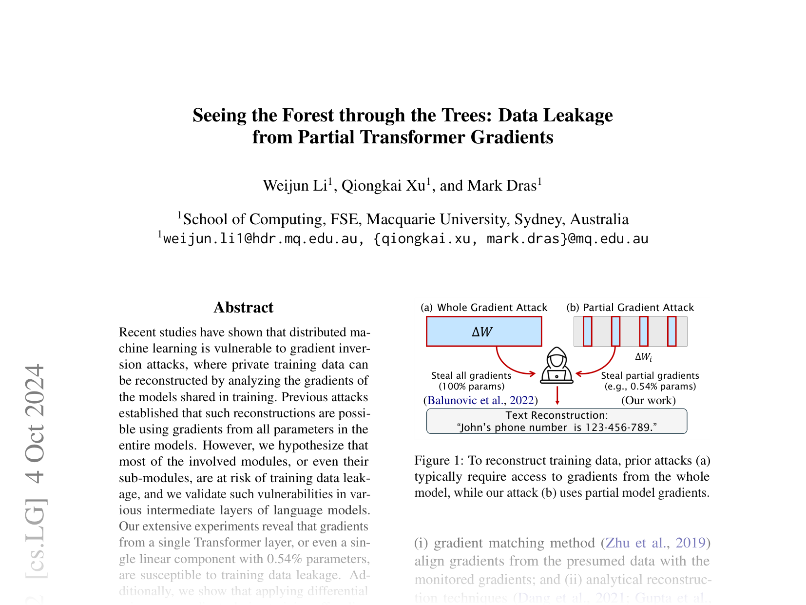 [Seeing the Forest through the Trees: Data Leakage from Partial Transformer Gradients 🔗](https://arxiv.org/abs/2406.00999)