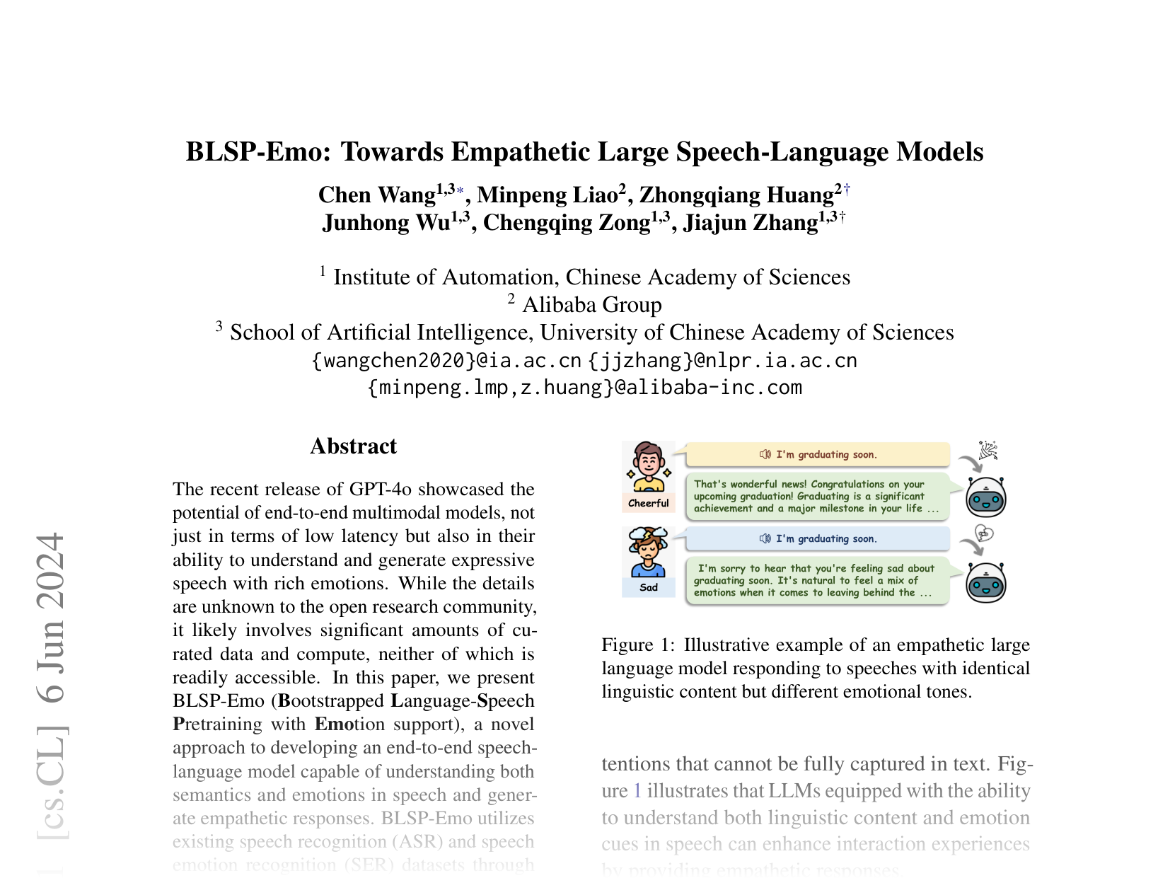 [BLSP-Emo: Towards Empathetic Large Speech-Language Models 🔗](https://arxiv.org/abs/2406.03872)