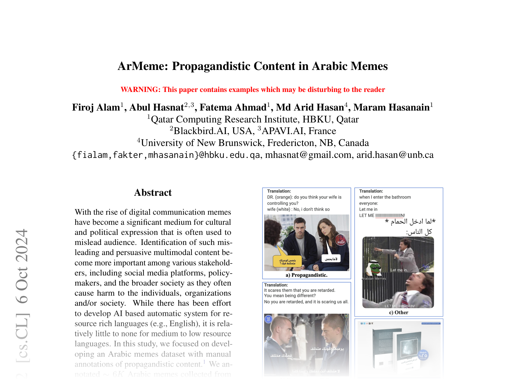 [ArMeme: Propagandistic Content in Arabic Memes 🔗](https://arxiv.org/abs/2406.03916)