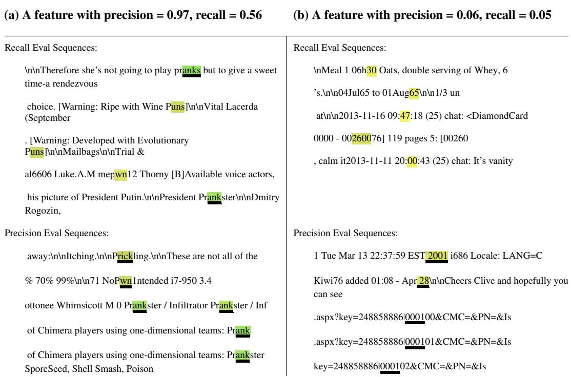 N2G 解释的定性示例。(a) 对“prank”有高精确率和良好召回率；(b) 低精确率且召回率差。