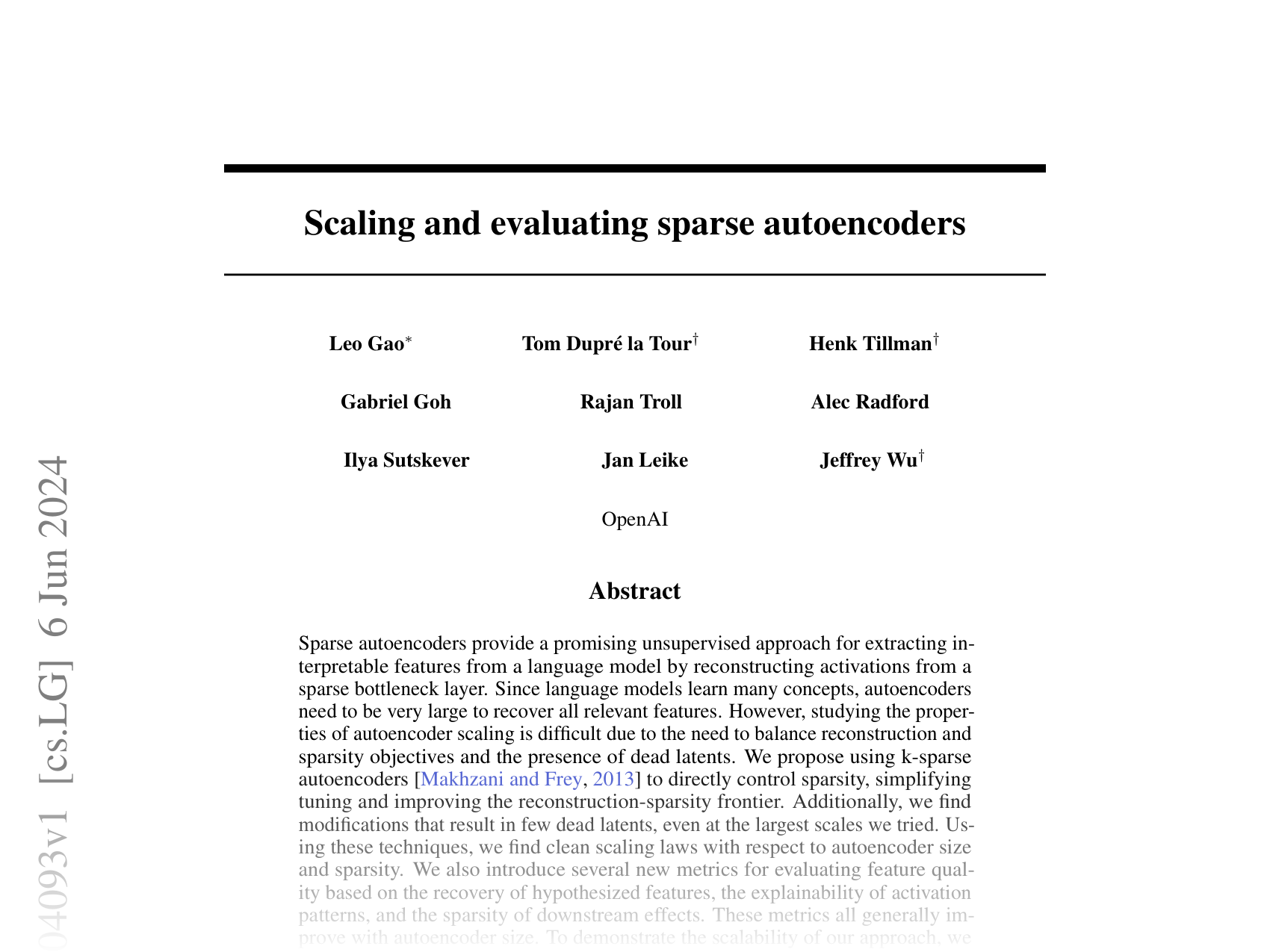 [Scaling and evaluating sparse autoencoders 🔗](https://arxiv.org/abs/2406.04093)