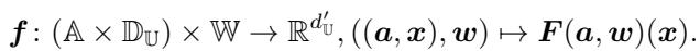 Equation showing the uncurried function f mapping inputs a, x, and weights w to a real vector.