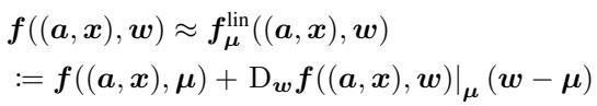 Equation showing the linearization of f around the mean weights mu.