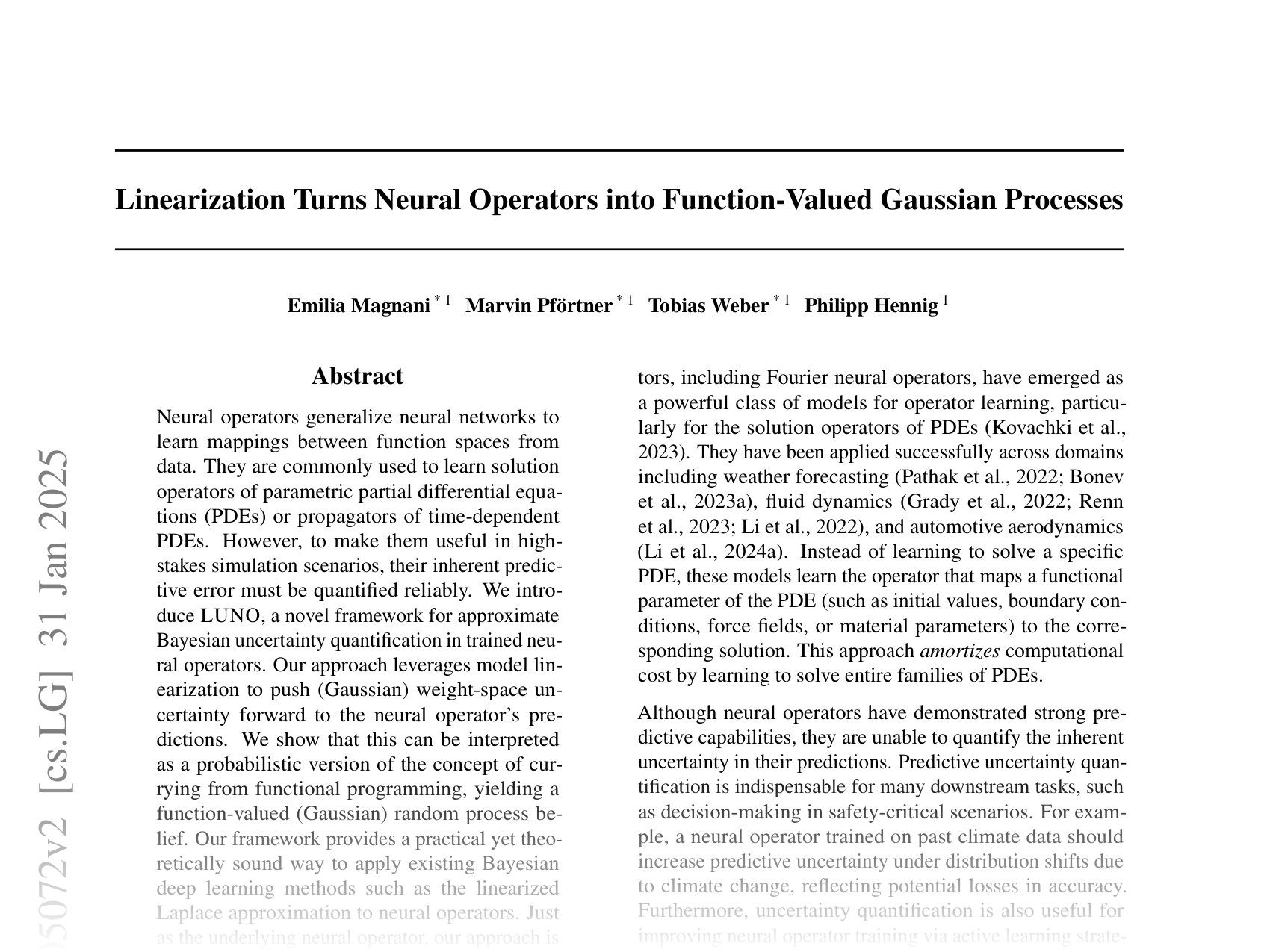 [Linearization Turns Neural Operators into Function-Valued Gaussian Processes 🔗](https://arxiv.org/abs/2406.05072)