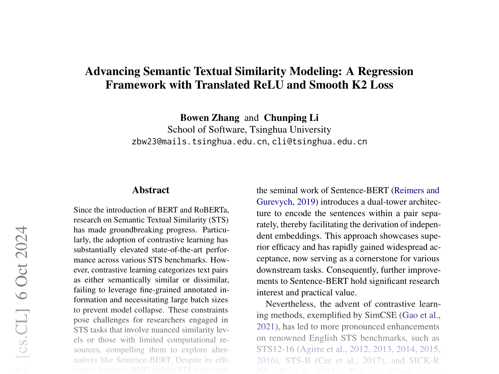 [Advancing Semantic Textual Similarity Modeling: A Regression Framework with Translated ReLU and Smooth K2 Loss 🔗](https://arxiv.org/abs/2406.05326)