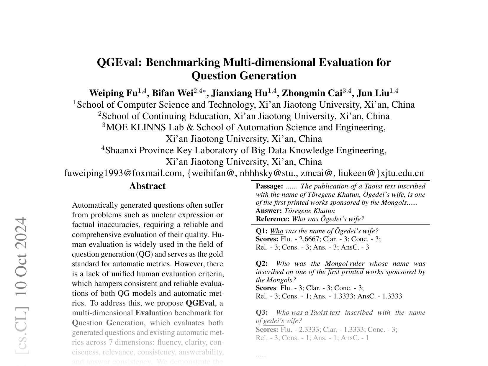 [QGEval: Benchmarking Multi-dimensional Evaluation for Question Generation 🔗](https://arxiv.org/abs/2406.05707)