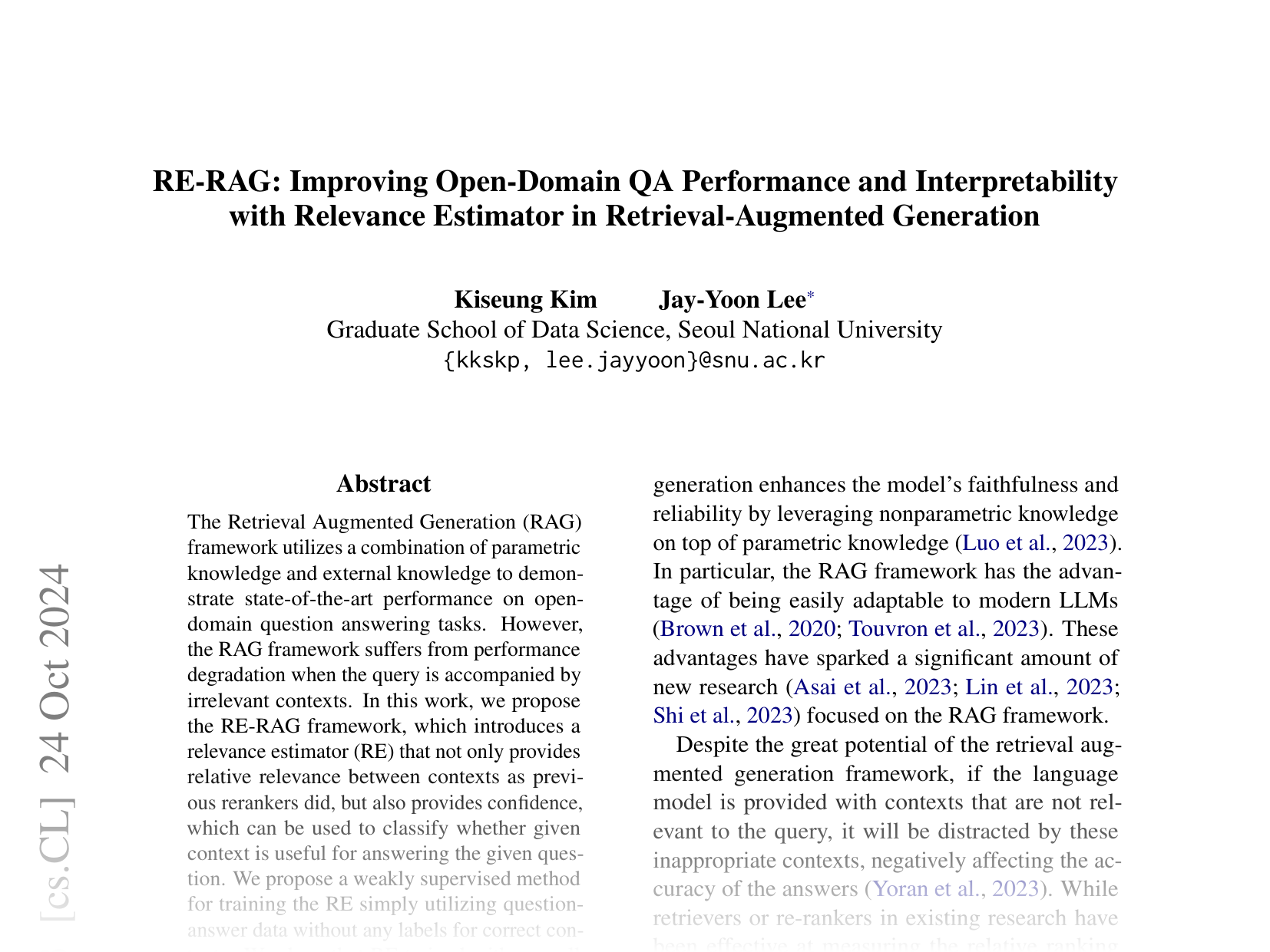 [RE-RAG: Improving Open-Domain QA Performance and Interpretability with Relevance Estimator in Retrieval-Augmented Generation 🔗](https://arxiv.org/abs/2406.05794)