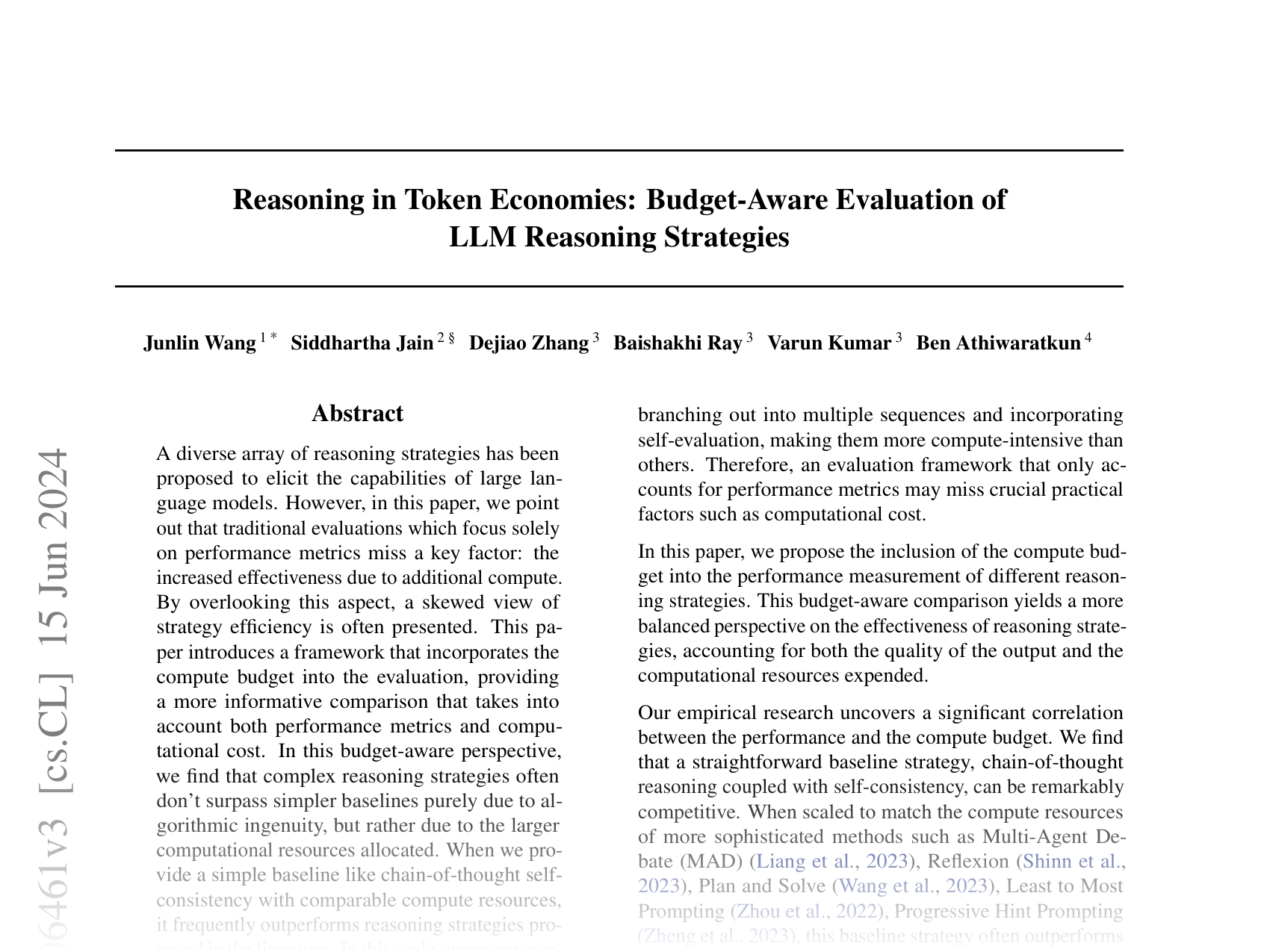 [Reasoning in Token Economies: Budget-Aware Evaluation of LLM Reasoning Strategies 🔗](https://arxiv.org/abs/2406.06461)