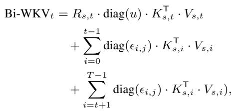Equation for the Bi-WKV calculation integrating forward and backward information.