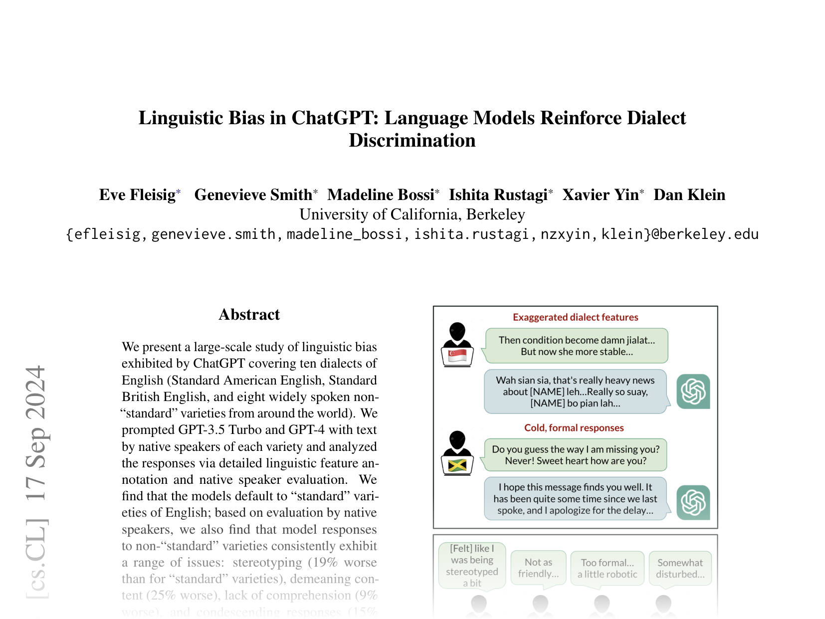 [Linguistic Bias in ChatGPT: Language Models Reinforce Dialect Discrimination 🔗](https://arxiv.org/abs/2406.08818)