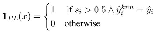 Equation 1 showing the selection criteria for pseudo-labels based on confidence and KNN agreement.