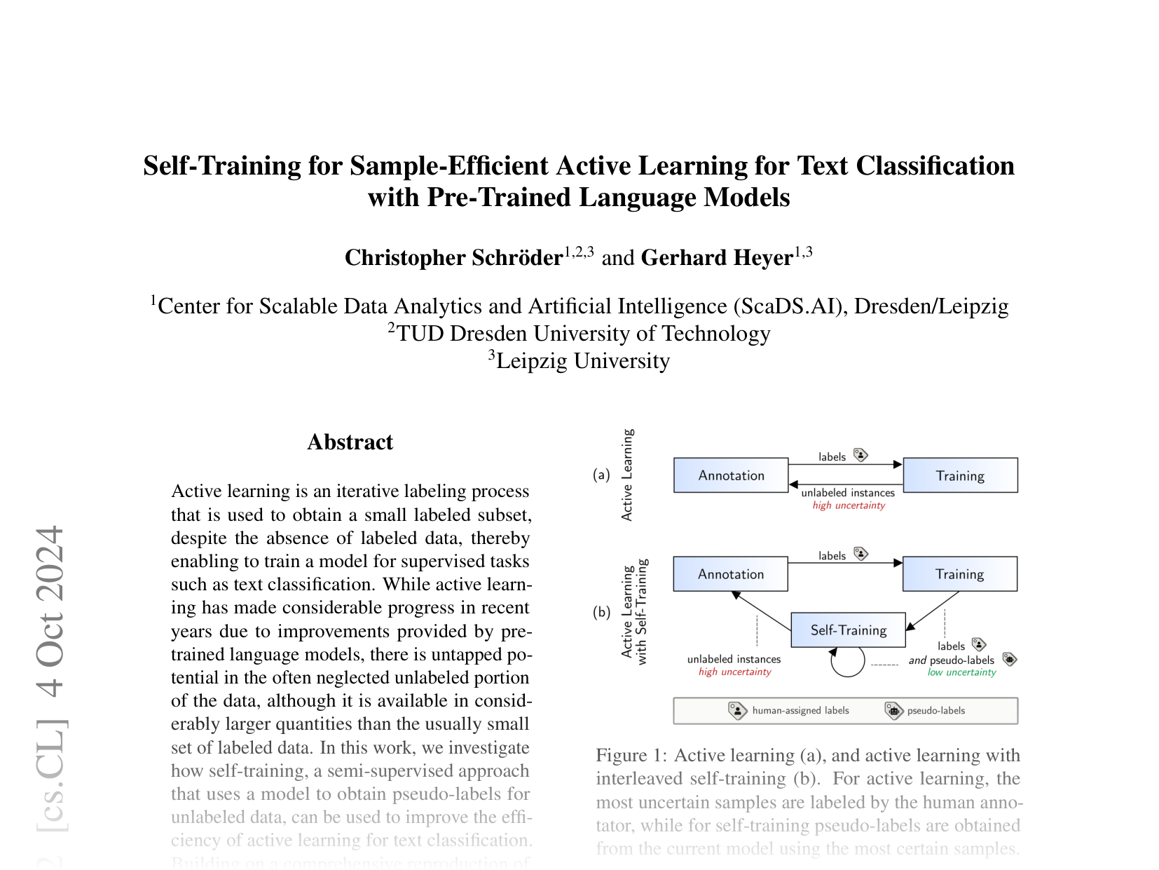 [Self-Training for Sample-Efficient Active Learning for Text Classification with Pre-Trained Language Models 🔗](https://arxiv.org/abs/2406.09206)