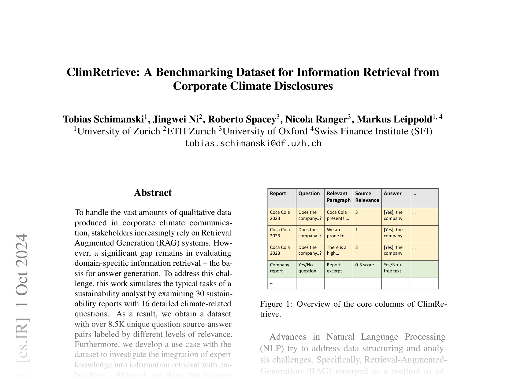 [ClimRetrieve: A Benchmarking Dataset for Information Retrieval from Corporate Climate Disclosures 🔗](https://arxiv.org/abs/2406.09818)