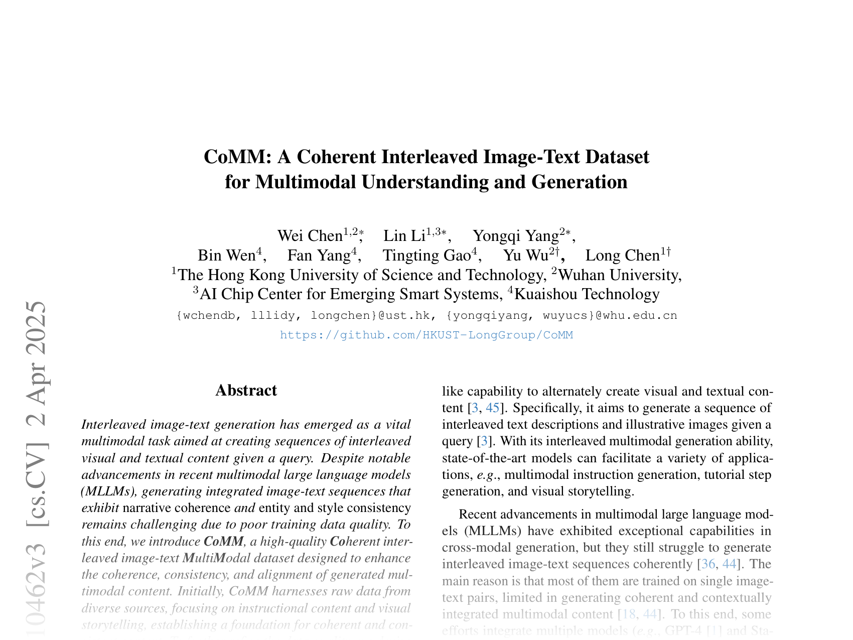 [CoMM: A Coherent Interleaved Image-Text Dataset for Multimodal Understanding and Generation 🔗](https://arxiv.org/abs/2406.10462)