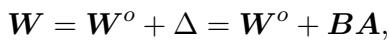 Standard LoRA equation showing the weight update mechanism.