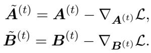 Gradient descent updates for matrices A and B.