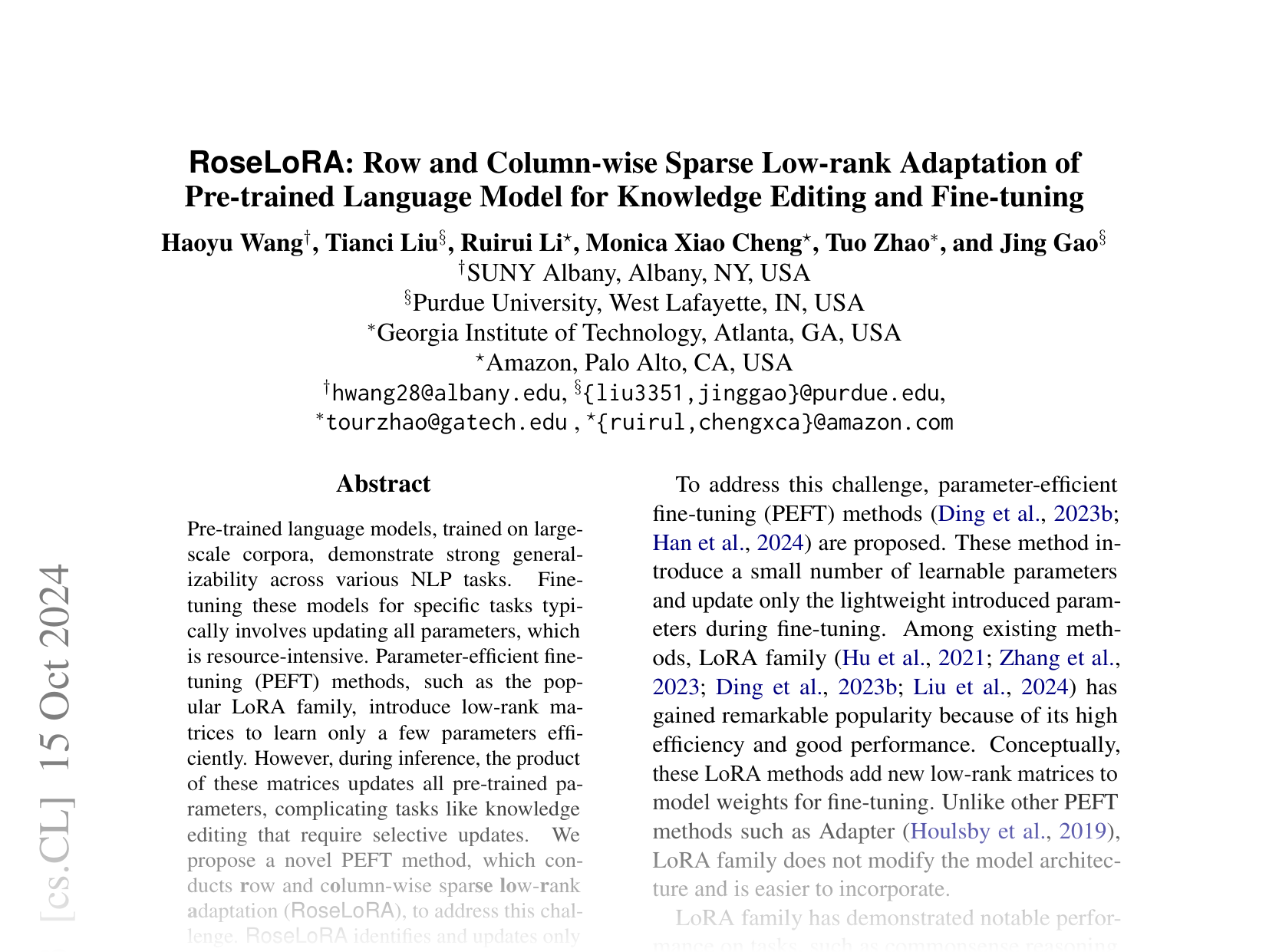 [RoseLoRA: Row and Column-wise Sparse Low-rank Adaptation of Pre-trained Language Model for Knowledge Editing and Fine-tuning 🔗](https://arxiv.org/abs/2406.10777)