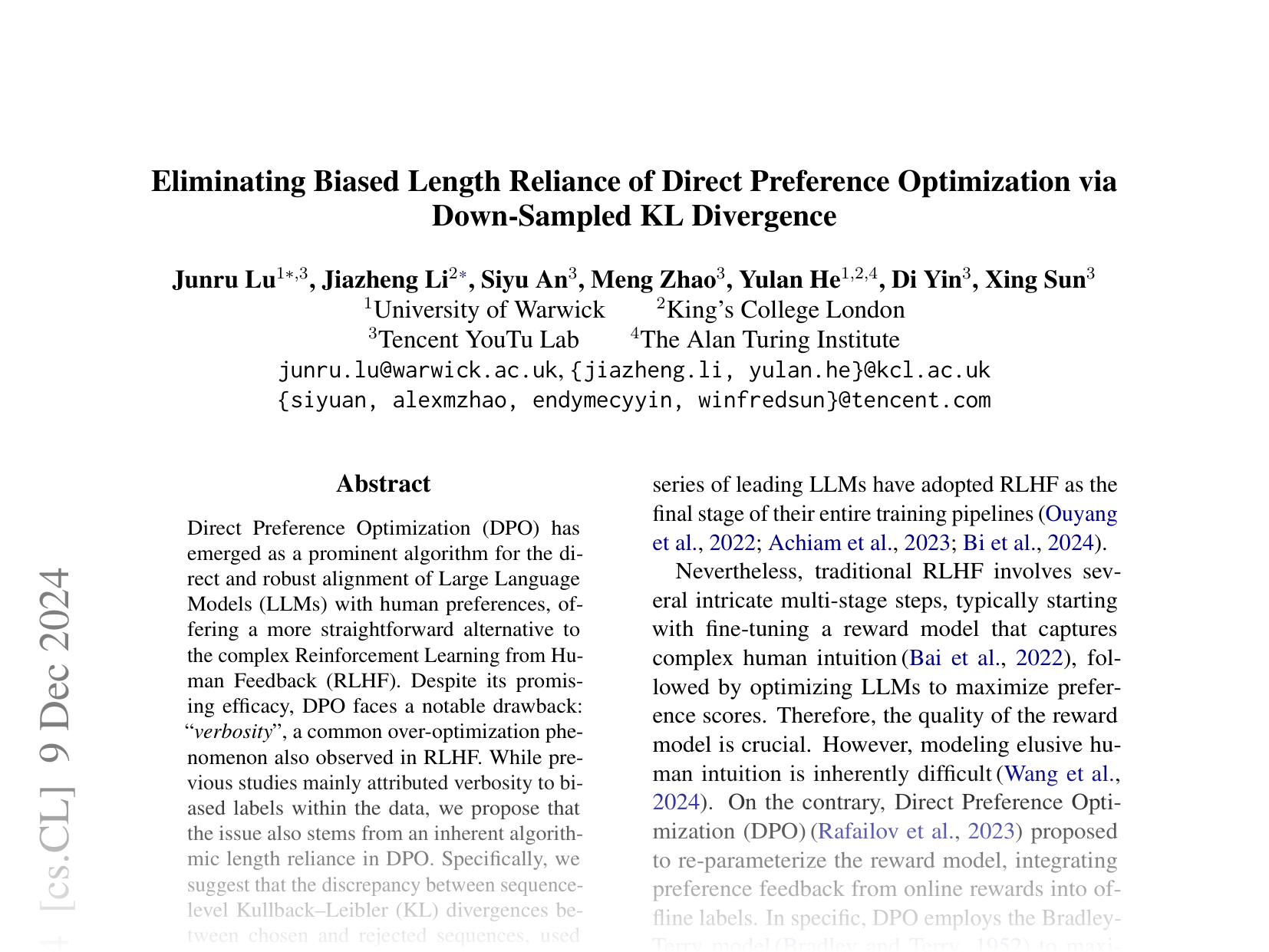 [Eliminating Biased Length Reliance of Direct Preference Optimization via Down-Sampled KL Divergence 🔗](https://arxiv.org/abs/2406.10957)