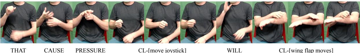 Figure 1: Example of the interaction between classifiers and long-range context. It isn’t clear in isolation that the fist moving back and forth represents a fist controlling a joystick, or that the arm represents the plane’s wing and the hand represents a flap (aileron) on the wing.