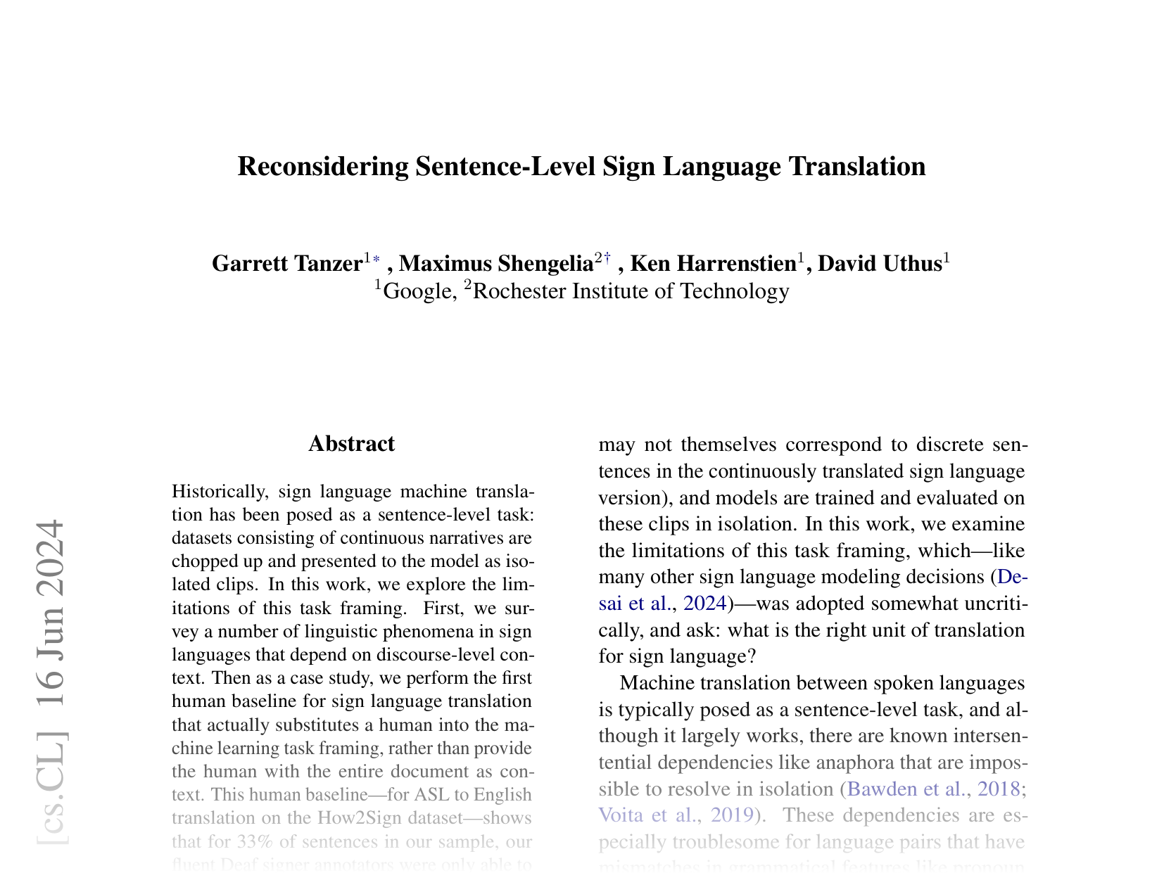 [Reconsidering Sentence-Level Sign Language Translation 🔗](https://arxiv.org/abs/2406.11049)