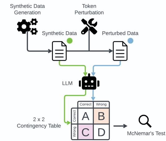 图 2: 整体框架示意图。我们生成合成数据，执行系统的 Token 扰动，并评估 LLM 以进行比较研究。