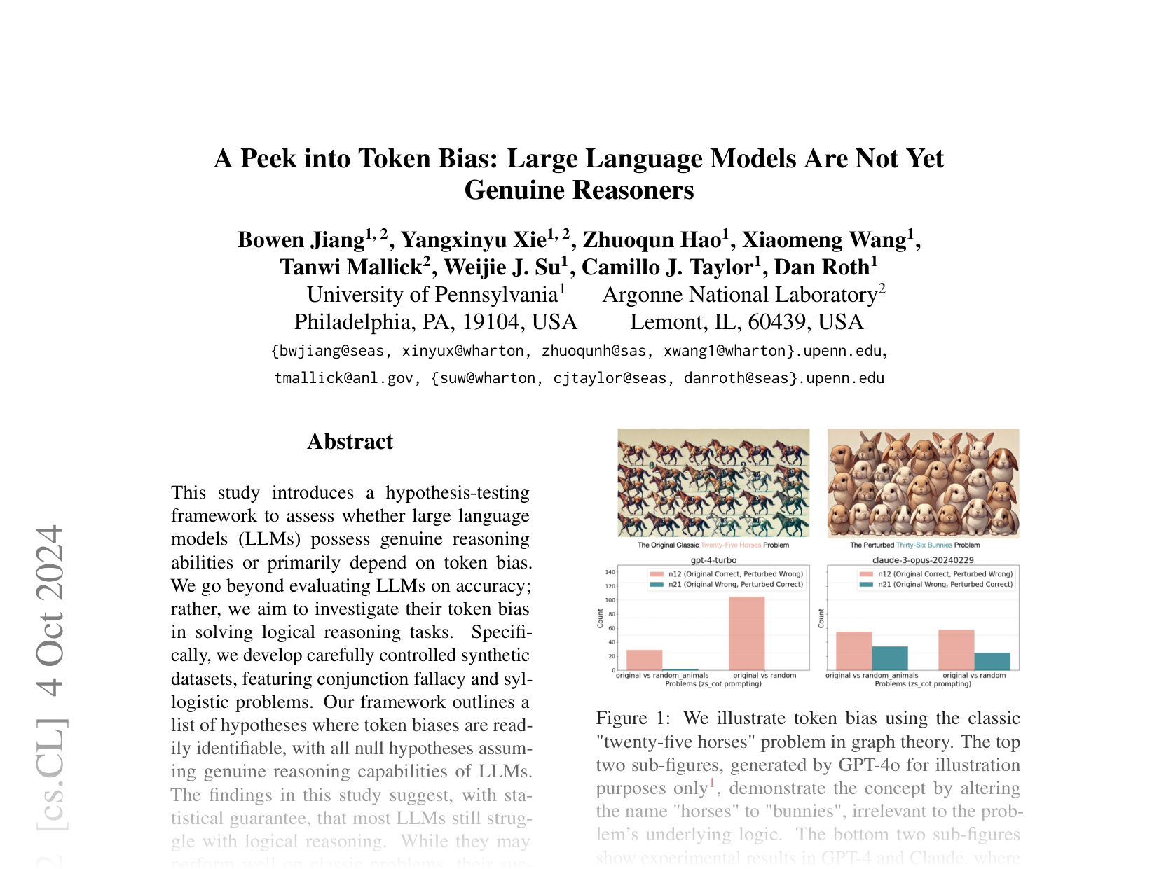 [A Peek into Token Bias: Large Language Models Are Not Yet Genuine Reasoners 🔗](https://arxiv.org/abs/2406.11050)