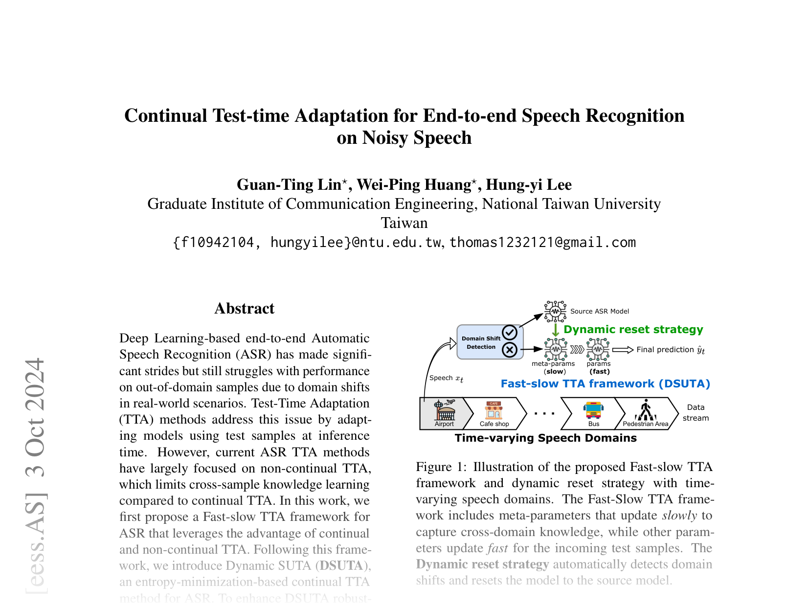 [Continual Test-time Adaptation for End-to-end Speech Recognition on Noisy Speech 🔗](https://arxiv.org/abs/2406.11064)