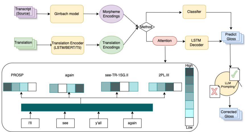 图 3: 提议工作的流水线。图的下半部分展示了在预测对译目标时，注意力权重如何通知模型。