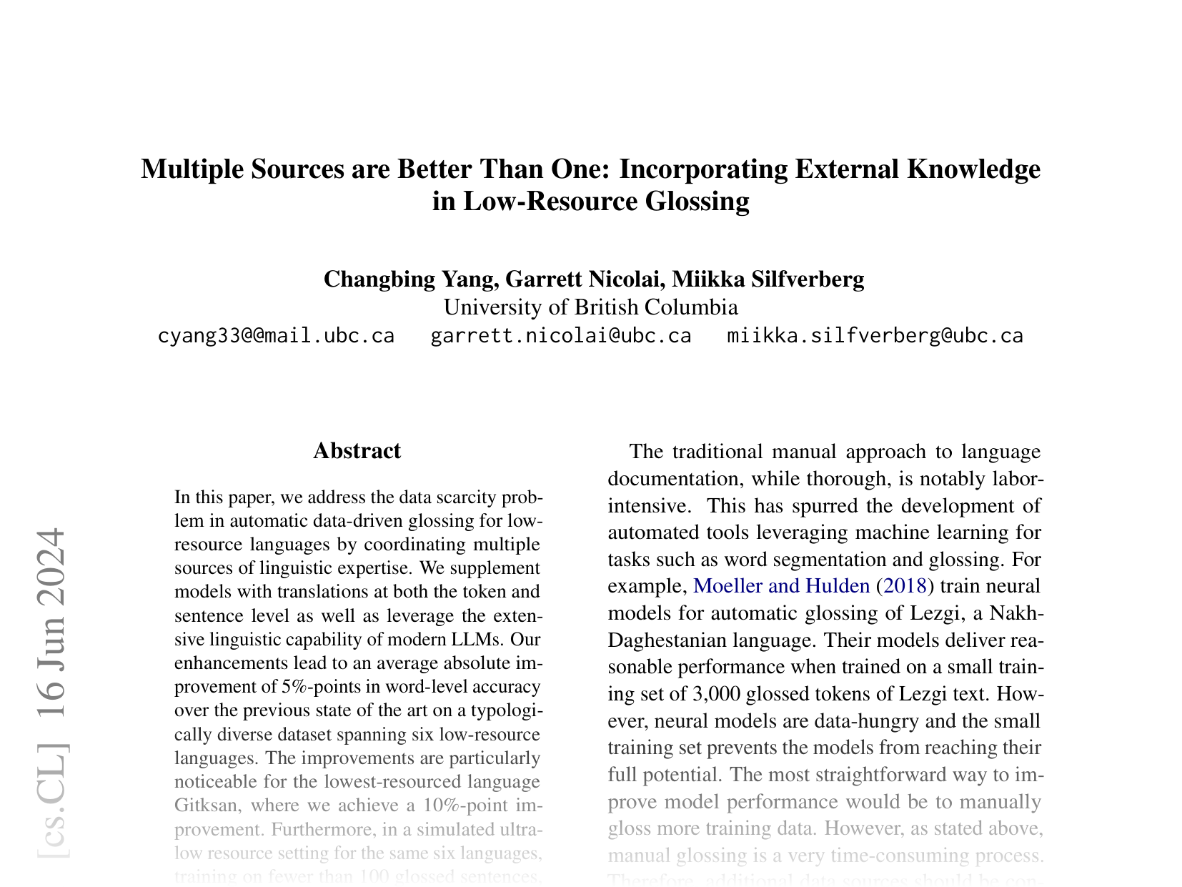 [Multiples Sources are Better Than One: Incorporating External Knowledge in Low-Resource Glossing 🔗](https://arxiv.org/abs/2406.11085)